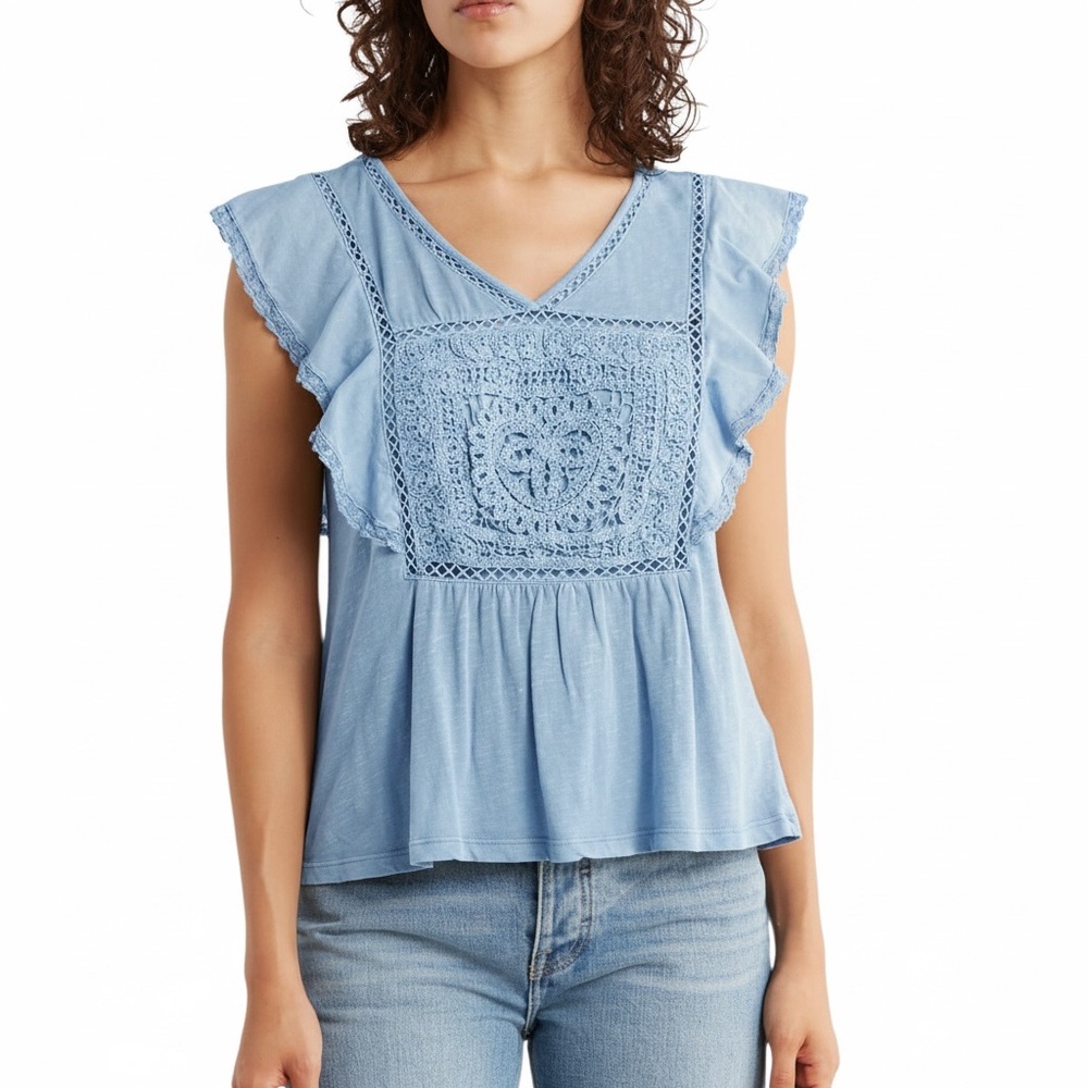 Lucky Brand Light Blue Crochet Lace V Neck Flutter Peplum Cotton Top NWT L
